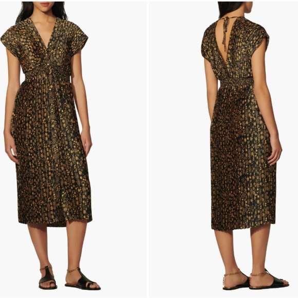 NWT Sandro Vienne Pleated Printed Satin-twill Midi Dress In Black (Size 34) - Picture 3 of 5